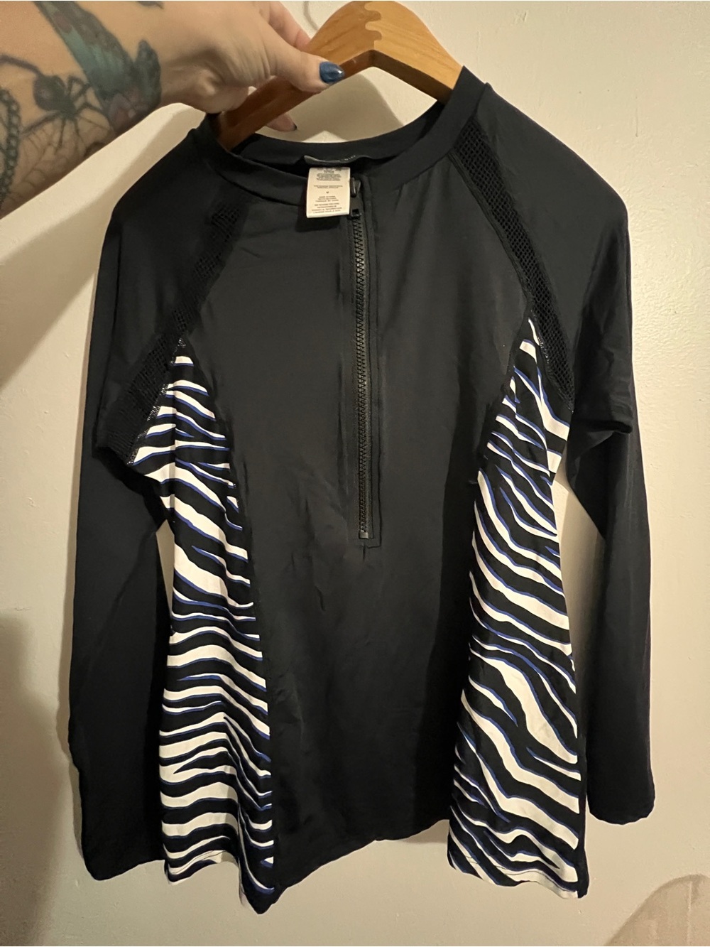 Carmen Marco Valvo Black Long Sleeve Swim Top with Navy Zebra Side Panels